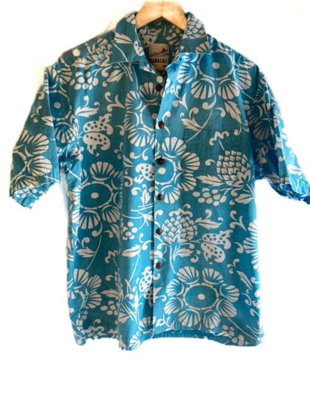 Kahala Aqua Blue Hawaiian Style Button Down Short Sleeved Cotton Camp Shirt (L)